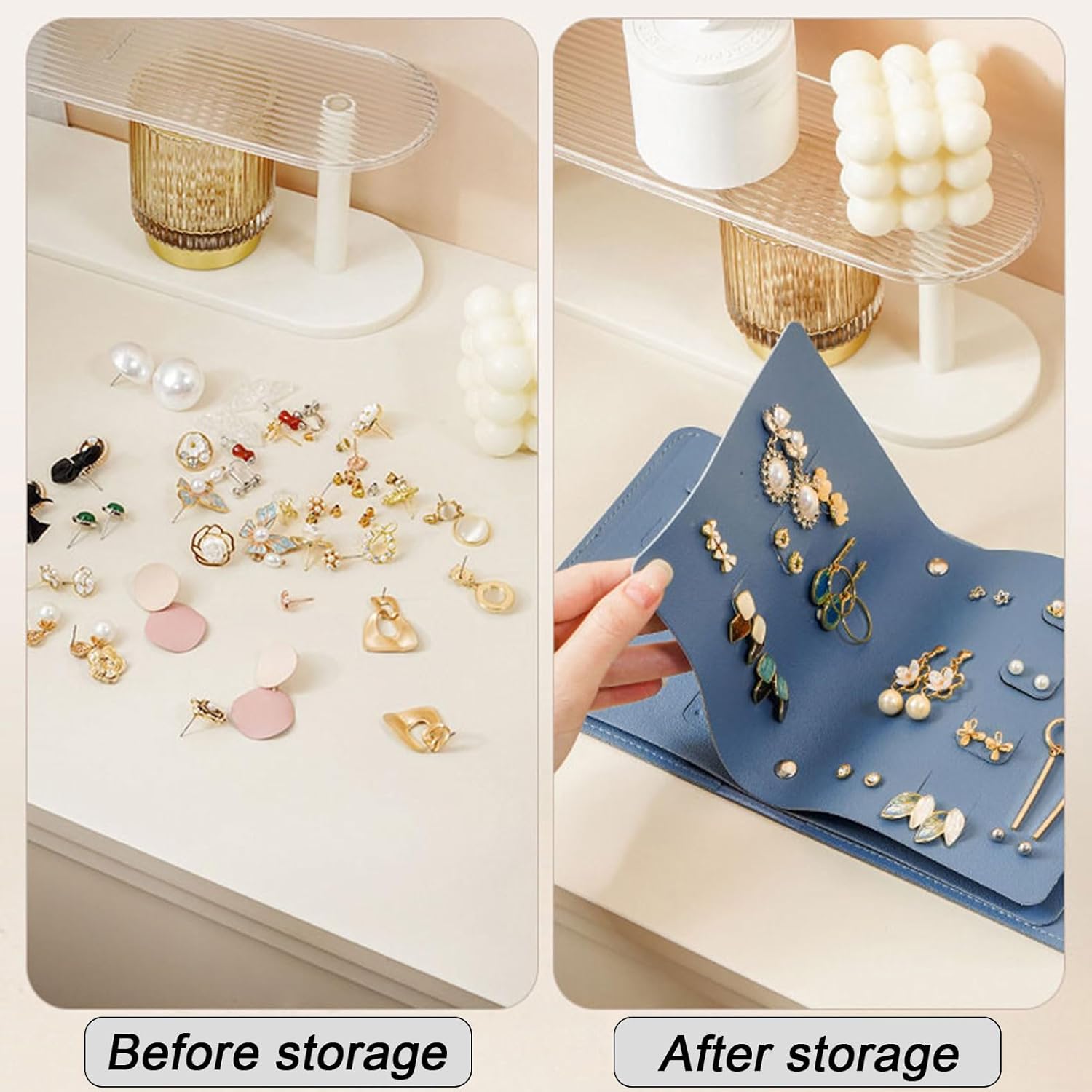 Earring Holder Organizer with Foldable Book Design Jewelry Book Organizer, Portable Pu Leather Travel Earring Case(Blue) - Image 4