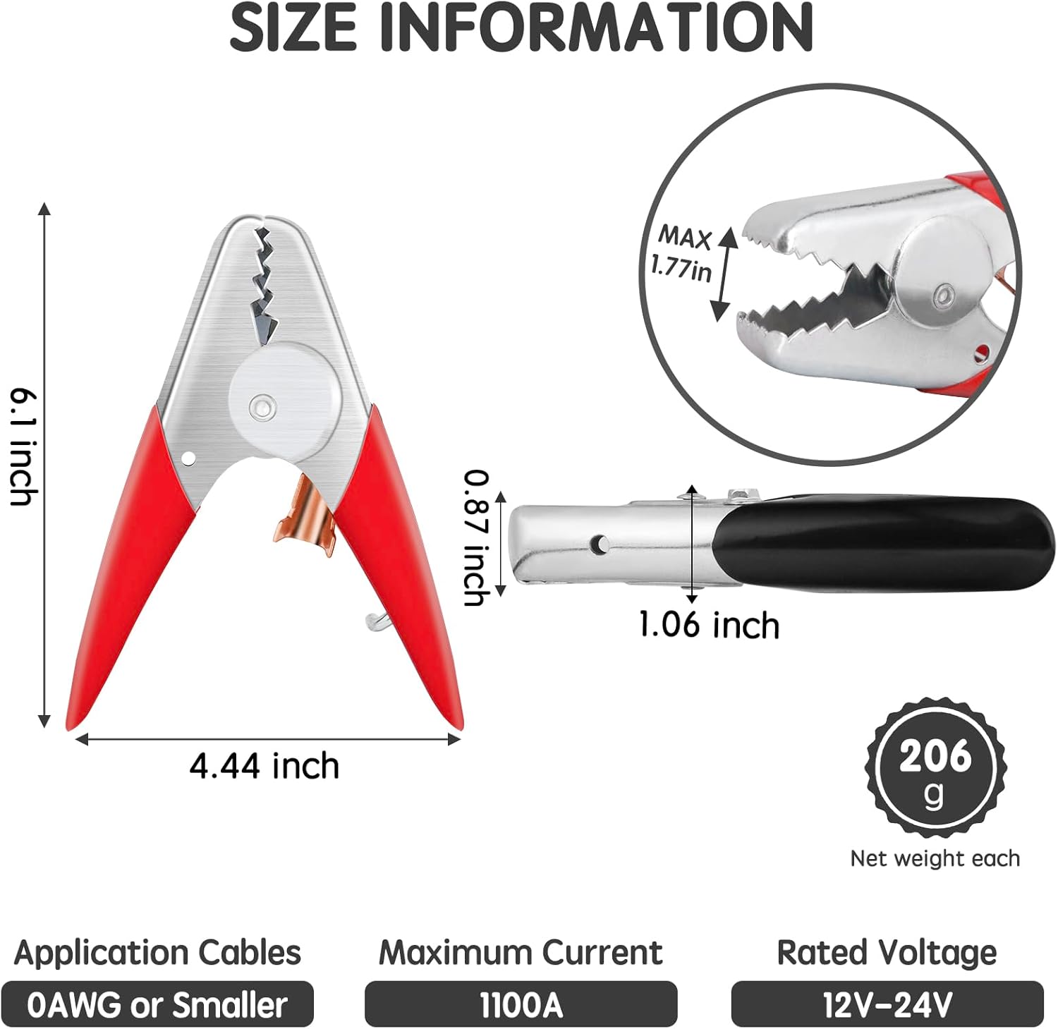 Jumper Cable Clamps Heavy Duty 4 Pcs, Battery Clamps 1100A Jumper Cable Ends 6 Inch Battery Charger Ends Alligator Clips Electrical for Replacement Under 0 AWG Wires 12V/24V by - Image 4