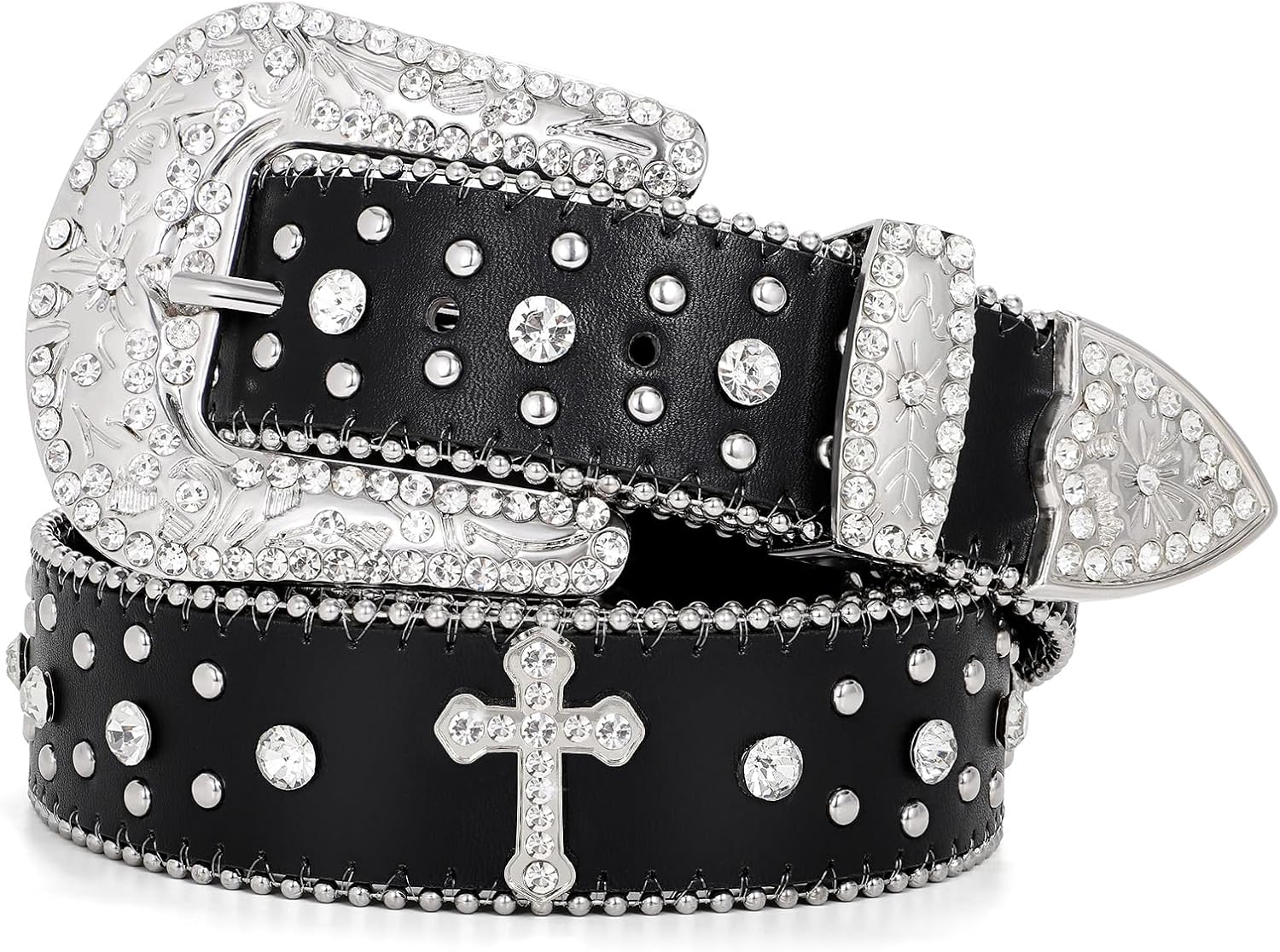 Rhinestone Belt for Men Women, Western Cowboy Cowgirl Belts Bling Leather Belt With Cross and Diamond for Jeans - Image 1