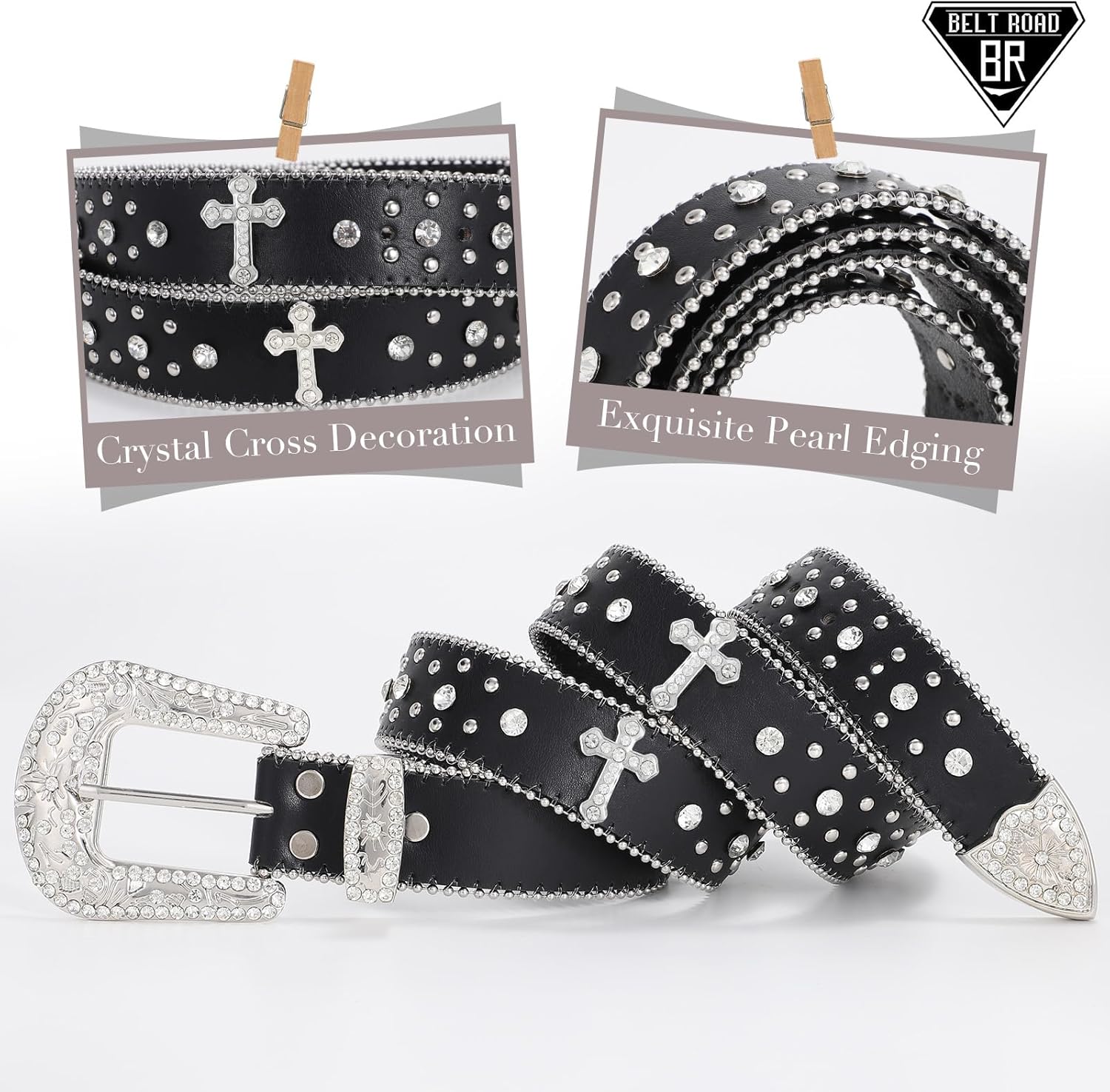 Rhinestone Belt for Men Women, Western Cowboy Cowgirl Belts Bling Leather Belt With Cross and Diamond for Jeans - Image 2