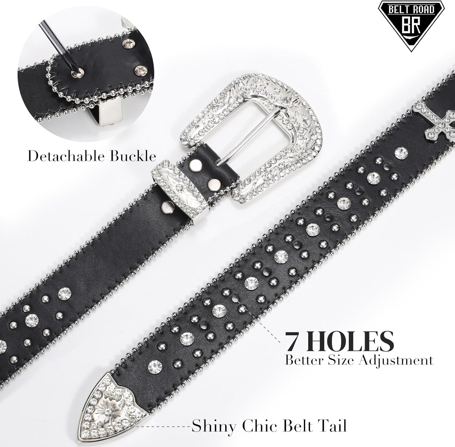 Rhinestone Belt for Men Women, Western Cowboy Cowgirl Belts Bling Leather Belt With Cross and Diamond for Jeans - Image 4