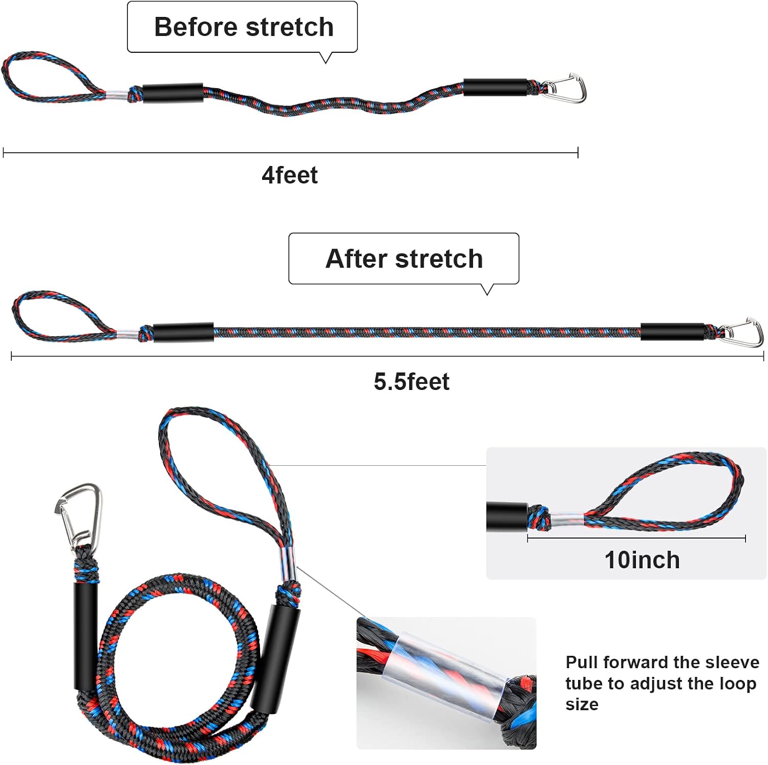 Boat Bungee Dock Lines with 316 Stainless Clips - Shock-Absorbing Jet Ski Dock Line, PWC Accessories, Boat Mooring Line/Tie Downs for Bass Boat, Fishing Pontoon, Dinghy - 4Feet - Image 2