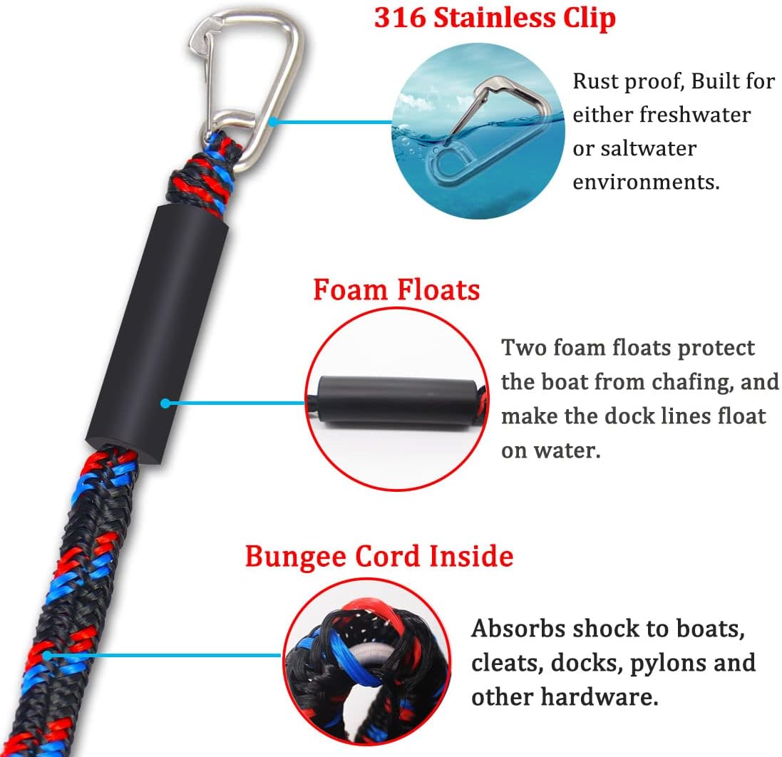 Boat Bungee Dock Lines with 316 Stainless Clips - Shock-Absorbing Jet Ski Dock Line, PWC Accessories, Boat Mooring Line/Tie Downs for Bass Boat, Fishing Pontoon, Dinghy - 4Feet - Image 3