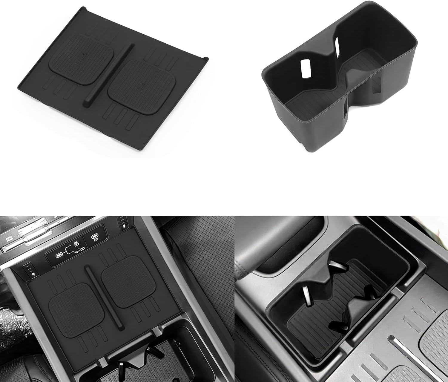 for 2024 2025 2026 Hyundai Santa Fe Not for Hyundai Tucson Center Console Silicone Water Cup Holder Insert with Wireless Charging Pad Protector 2PCS Black for Santa Fe Accessories - Image 2