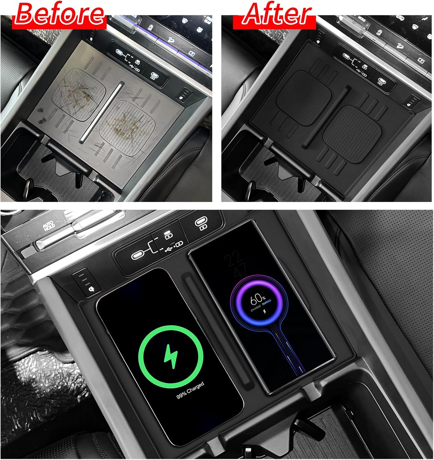 for 2024 2025 2026 Hyundai Santa Fe Not for Hyundai Tucson Center Console Silicone Water Cup Holder Insert with Wireless Charging Pad Protector 2PCS Black for Santa Fe Accessories - Image 3