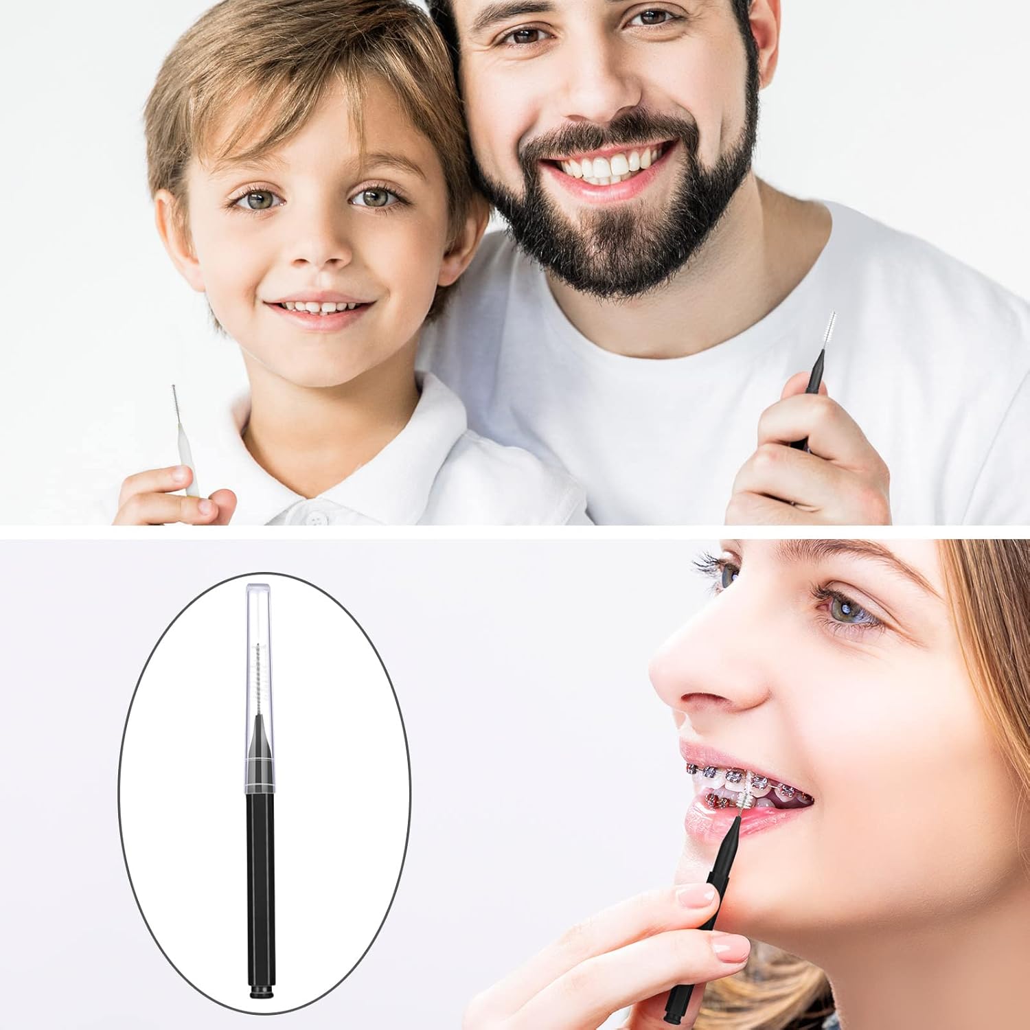 100 Pieces Braces Brush for Cleaner Interdental Brush Toothpick Dental Tooth Flossing Head Oral Dental Hygiene Flosser Toothpick Cleaners Tooth Cleaning Tool (Black, White) - Image 4