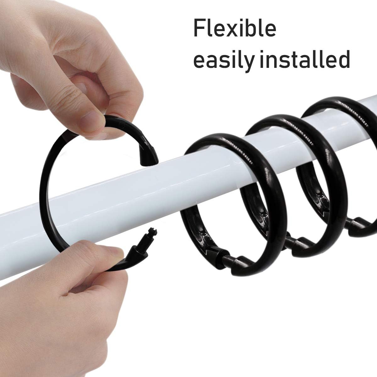Shower Curtain Rings-12 Pack- Plastic Shower Curtain Hooks O-Shaped Rings Hook Glide Easily on Bathroom Shower Rod(Black) - Image 4