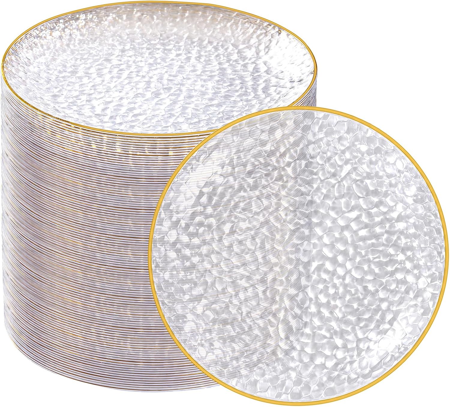 100 Pack Clear Gold Plastic Dessert Plates, 6Inch Clear Gold Small Appetizer Plates With Hammered, Heavy Duty Disposable Salad Plate, Elegant Cake Platos for Wedding, Birthday, Teatime - Image 1