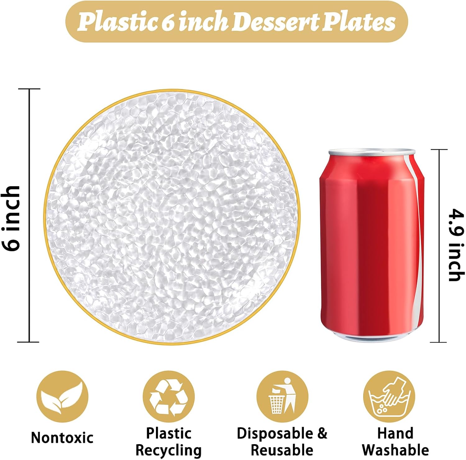100 Pack Clear Gold Plastic Dessert Plates, 6Inch Clear Gold Small Appetizer Plates With Hammered, Heavy Duty Disposable Salad Plate, Elegant Cake Platos for Wedding, Birthday, Teatime - Image 2