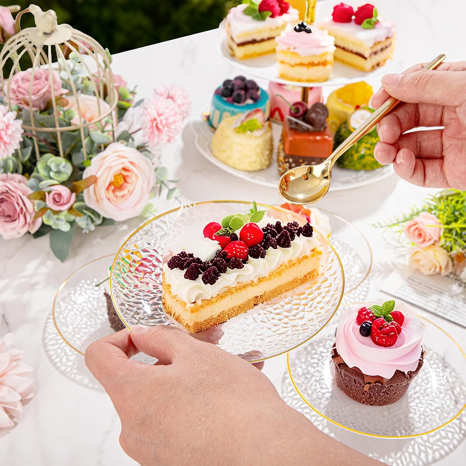 100 Pack Clear Gold Plastic Dessert Plates, 6Inch Clear Gold Small Appetizer Plates With Hammered, Heavy Duty Disposable Salad Plate, Elegant Cake Platos for Wedding, Birthday, Teatime - Image 6