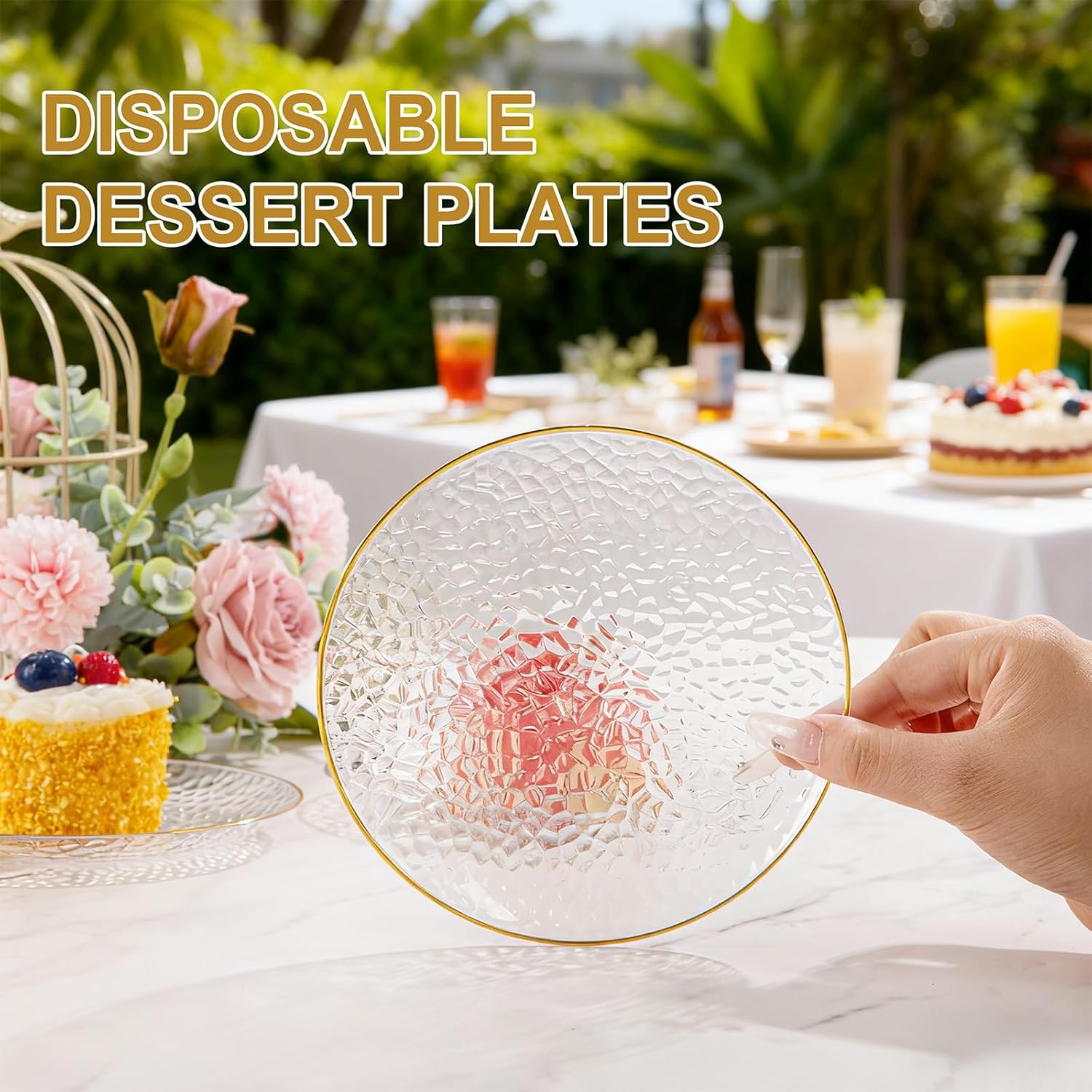 100 Pack Clear Gold Plastic Dessert Plates, 6Inch Clear Gold Small Appetizer Plates With Hammered, Heavy Duty Disposable Salad Plate, Elegant Cake Platos for Wedding, Birthday, Teatime - Image 7
