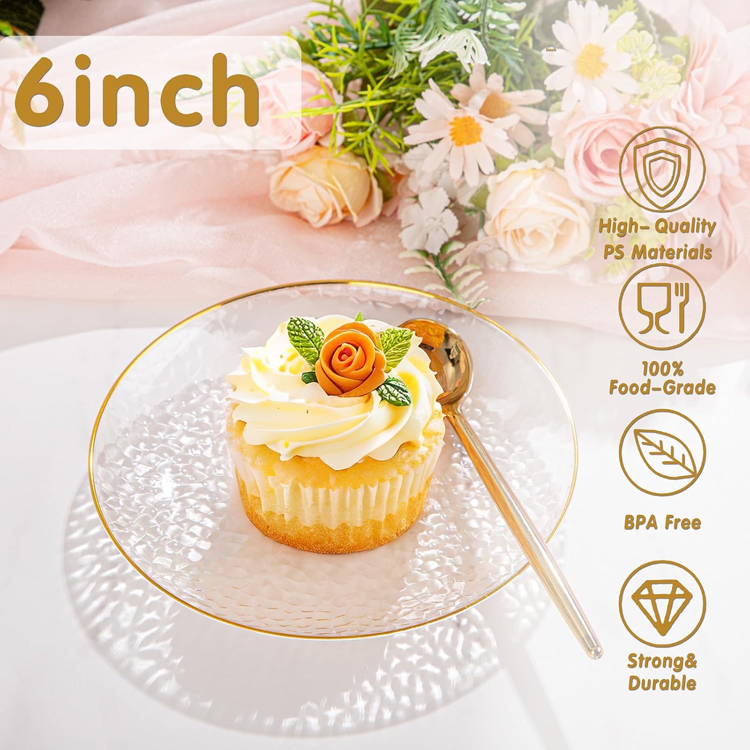 100 Pack Clear Gold Plastic Dessert Plates, 6Inch Clear Gold Small Appetizer Plates With Hammered, Heavy Duty Disposable Salad Plate, Elegant Cake Platos for Wedding, Birthday, Teatime - Image 8