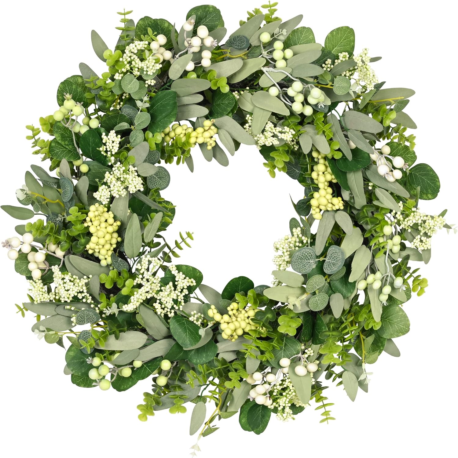 24-26 Inch Artificial Spring Summer Greenery Christmas Wreaths for Front Door Green Eucalyptus Leaf Wreath Decor Boxwood with Big Berries for Farmhouse Outside Year Round - Image 1