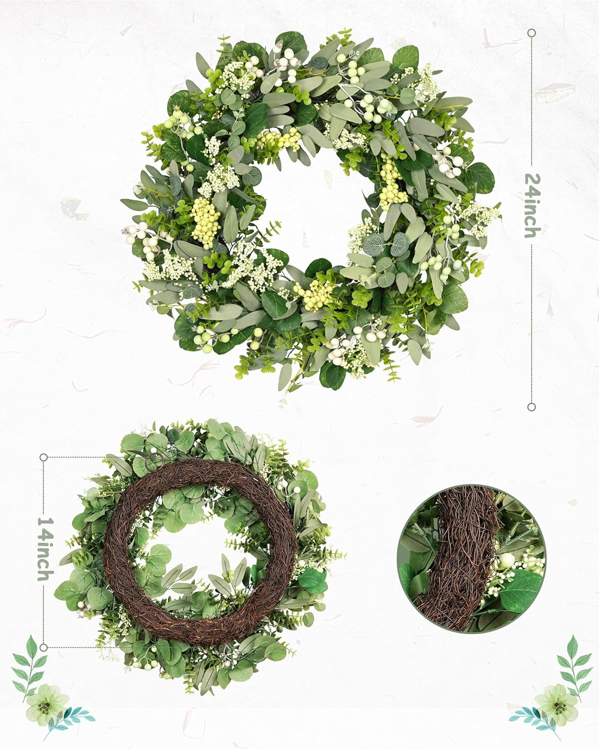 24-26 Inch Artificial Spring Summer Greenery Christmas Wreaths for Front Door Green Eucalyptus Leaf Wreath Decor Boxwood with Big Berries for Farmhouse Outside Year Round - Image 2