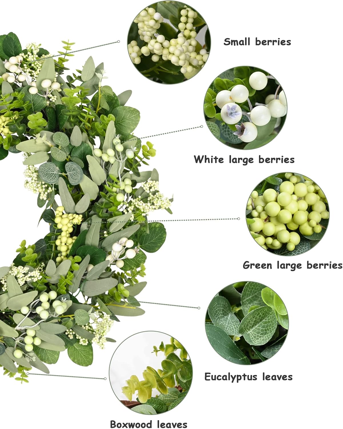 24-26 Inch Artificial Spring Summer Greenery Christmas Wreaths for Front Door Green Eucalyptus Leaf Wreath Decor Boxwood with Big Berries for Farmhouse Outside Year Round - Image 3