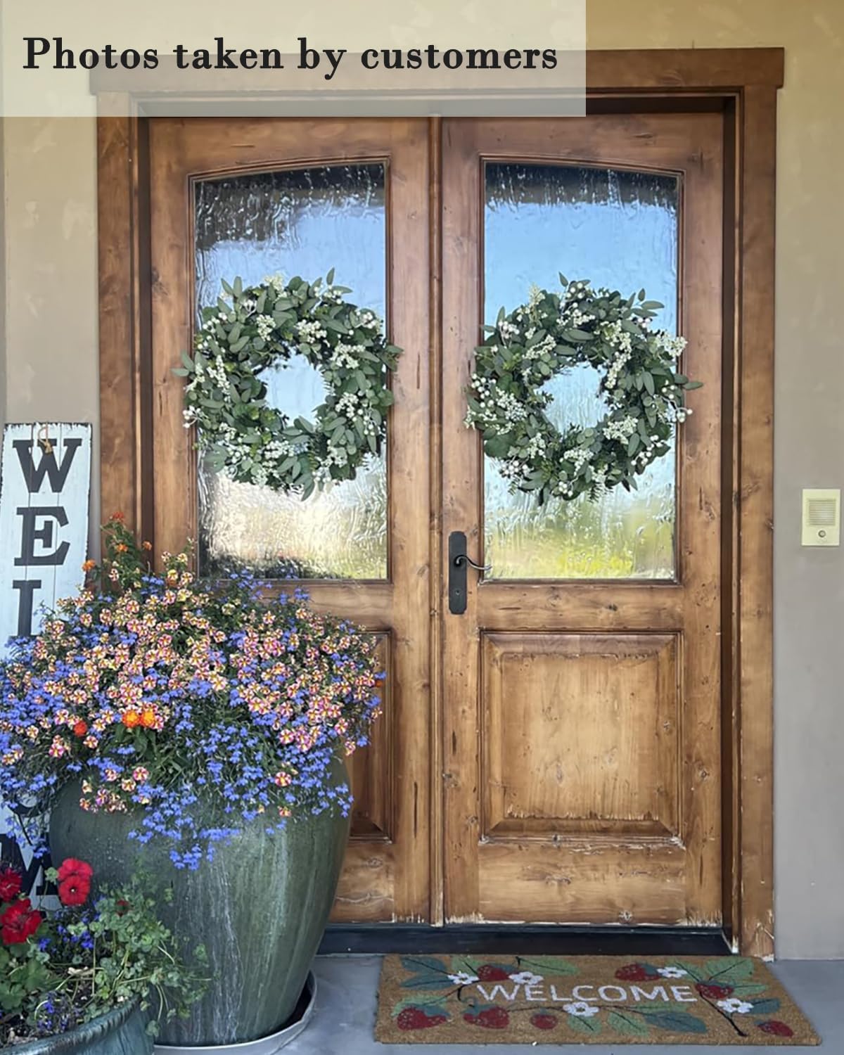 24-26 Inch Artificial Spring Summer Greenery Christmas Wreaths for Front Door Green Eucalyptus Leaf Wreath Decor Boxwood with Big Berries for Farmhouse Outside Year Round - Image 8