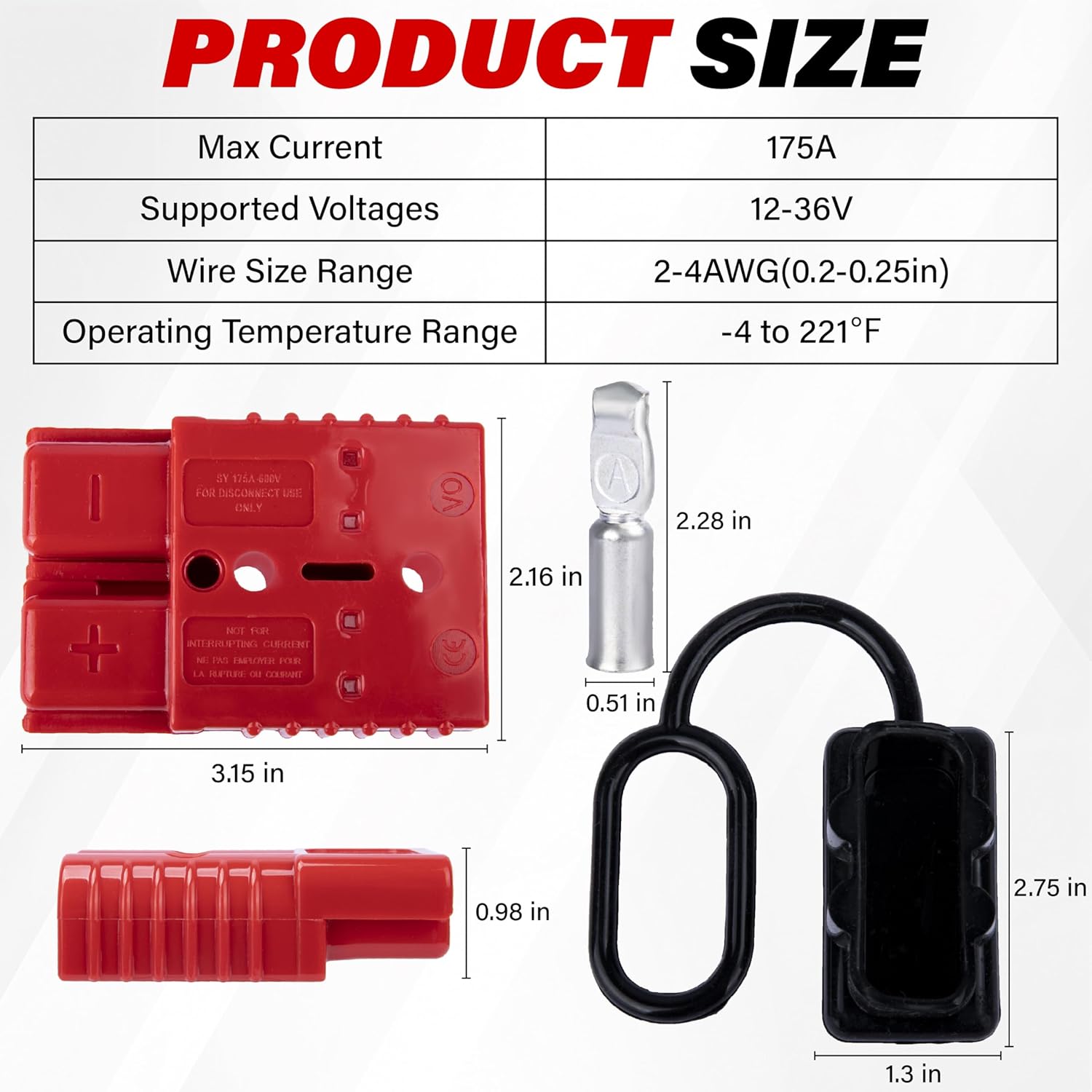 Anderson Connector 2 Pcs, 175 Amp 12v Batteries Quick Connect/Disconnect Plug Kit, Connectors for 1/0 AWG Cables, for Car Bike ATV Winches Lifts Motors More, Red - Image 2