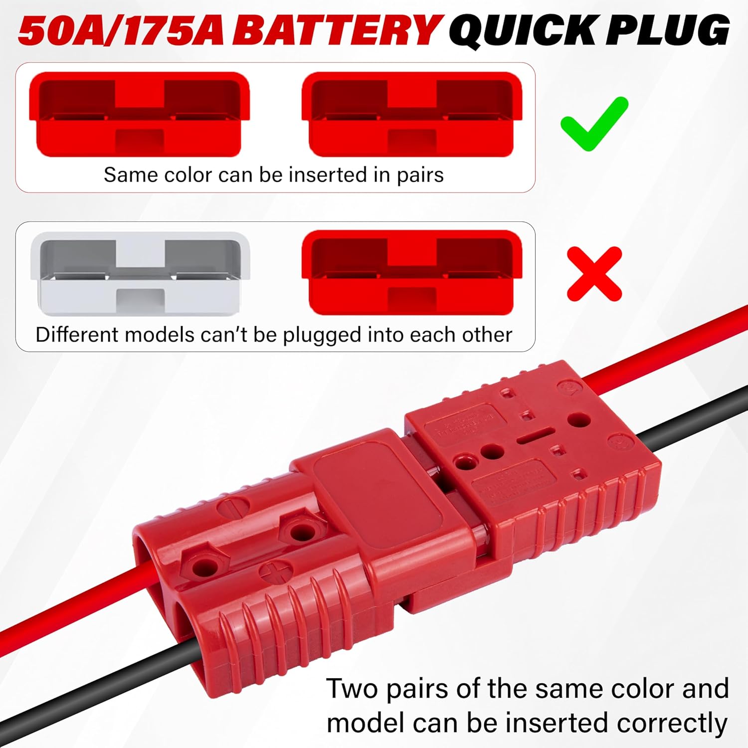 Anderson Connector 2 Pcs, 175 Amp 12v Batteries Quick Connect/Disconnect Plug Kit, Connectors for 1/0 AWG Cables, for Car Bike ATV Winches Lifts Motors More, Red - Image 5