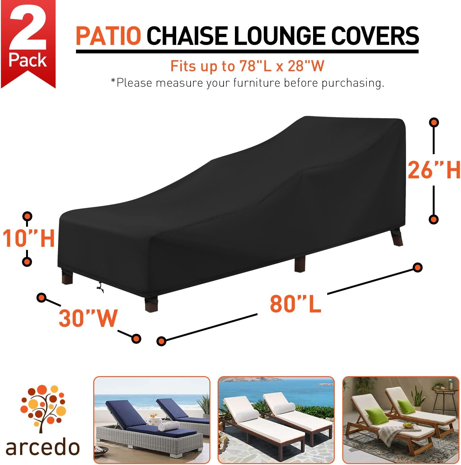 Patio Chaise Lounge Cover Water Resistant, 2 Pack of Pool Lounge Chair Covers for Outside Stackable Cushions and Outdoor Furniture, 80