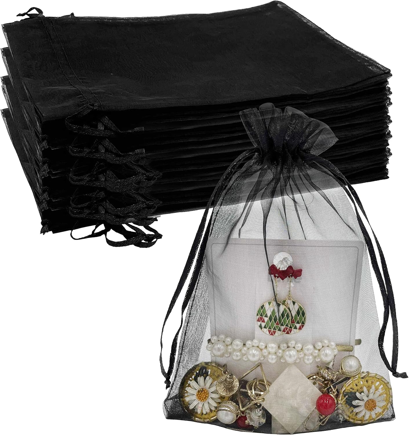 100PCS Sheer Organza Bag 5''X7'' Black Mesh Bags Drawstring Gift Bag Small for Jewelry Goodie Candy Wedding Party Favor Pouch Bags (Black) - Image 1