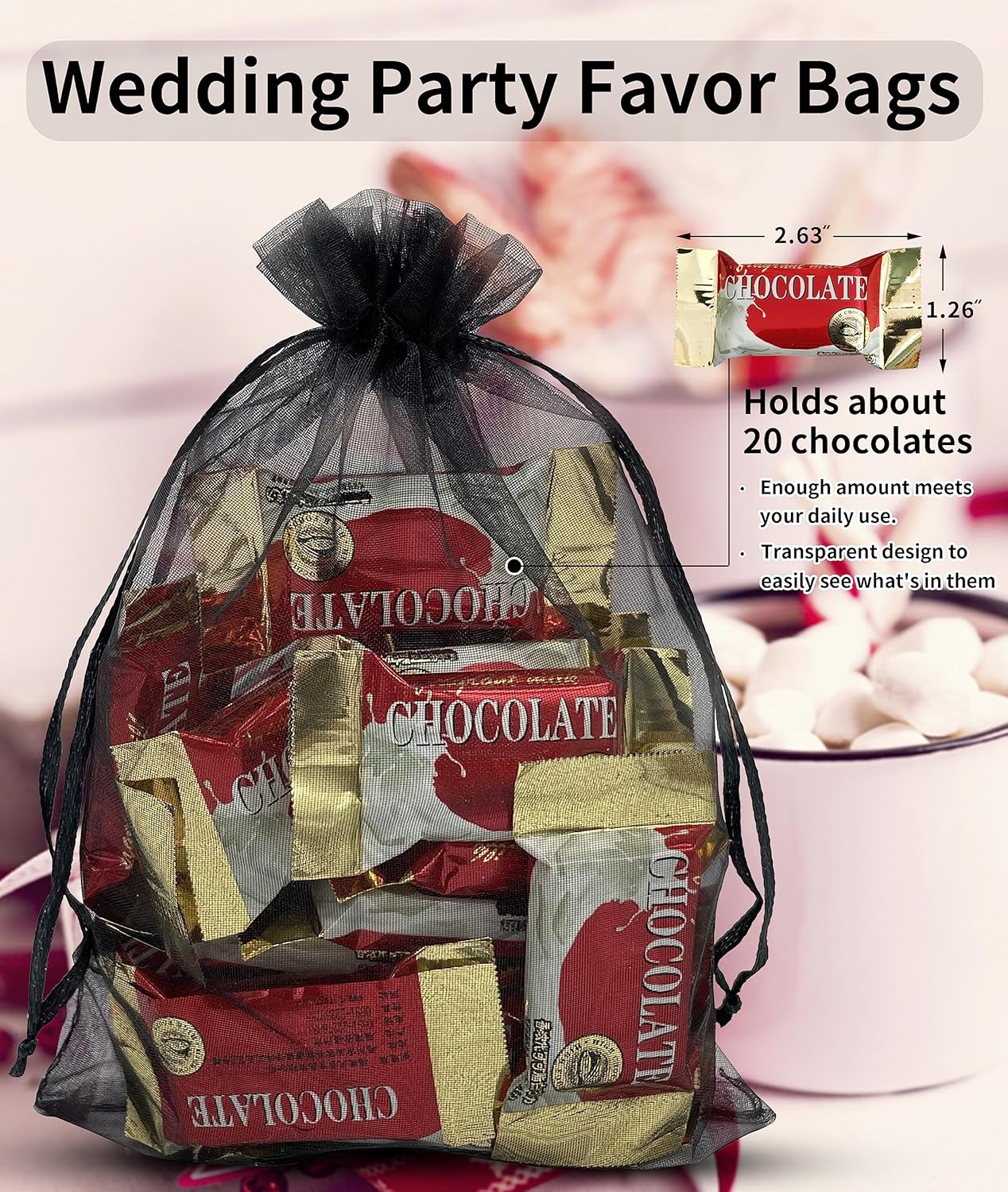 100PCS Sheer Organza Bag 5''X7'' Black Mesh Bags Drawstring Gift Bag Small for Jewelry Goodie Candy Wedding Party Favor Pouch Bags (Black) - Image 2