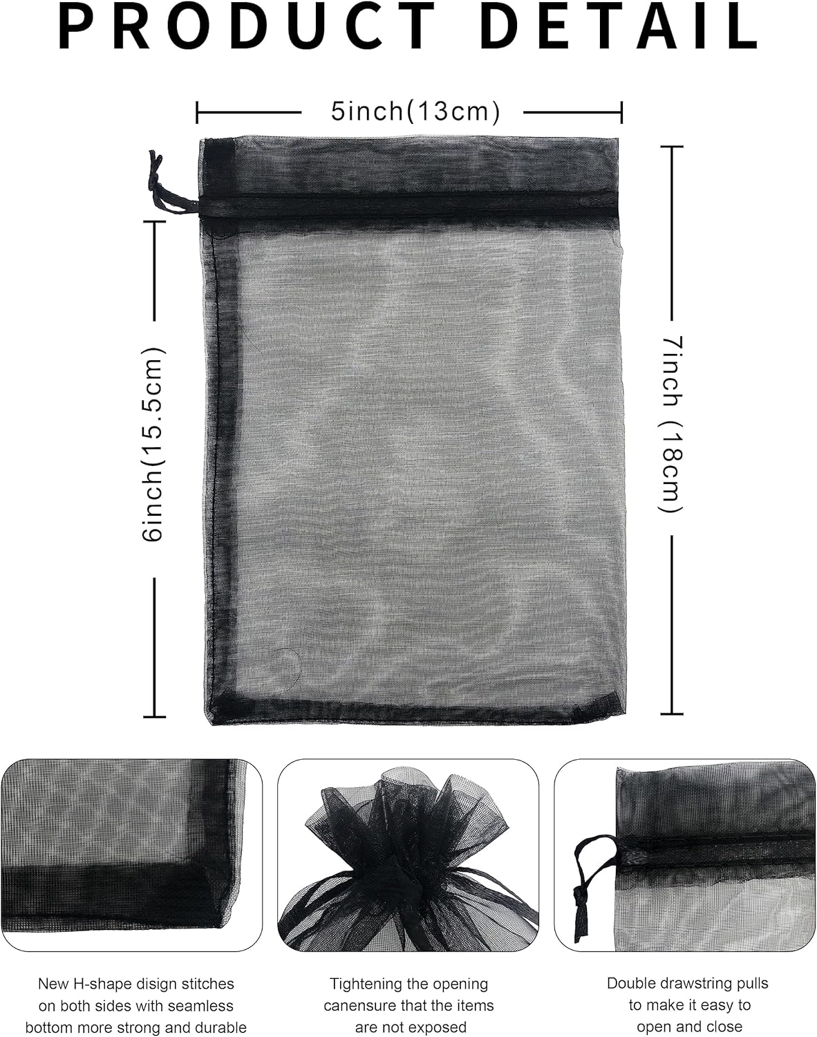 100PCS Sheer Organza Bag 5''X7'' Black Mesh Bags Drawstring Gift Bag Small for Jewelry Goodie Candy Wedding Party Favor Pouch Bags (Black) - Image 3