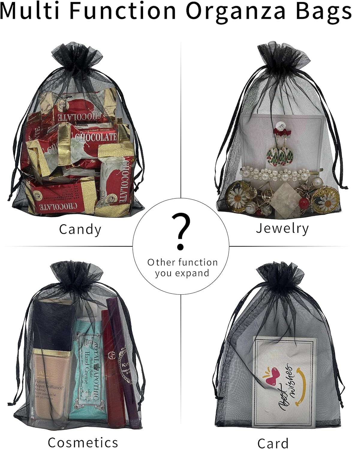 100PCS Sheer Organza Bag 5''X7'' Black Mesh Bags Drawstring Gift Bag Small for Jewelry Goodie Candy Wedding Party Favor Pouch Bags (Black) - Image 4