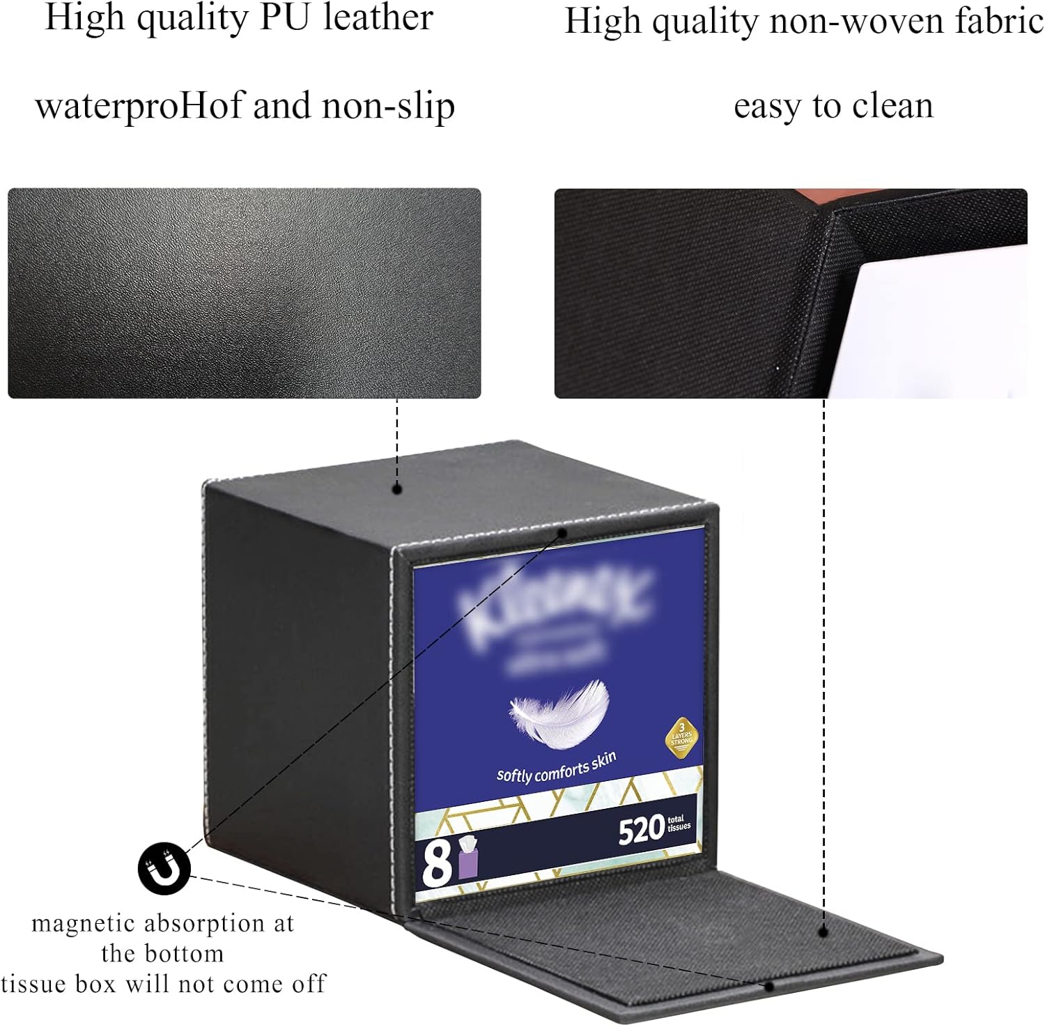 PU Leather Tissue Box Cover Square,Upgrade Large Size Napkin Holder Pumping Paper Case Dispenser,Facial Tissue Holder with Magnetic Bottom for Home Office Car Hotel Restaurant Black (Black-1) - Image 4
