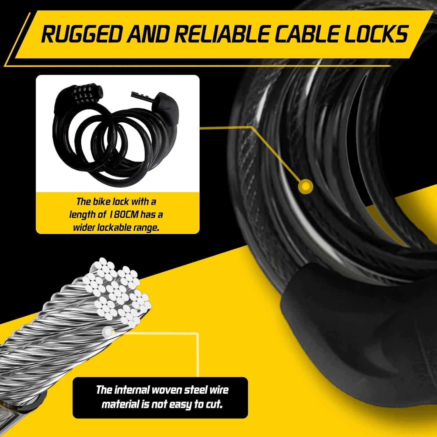Bike Cable Lock 6FT Long, 4 Digit Resettable Combination Lock, Heavy Duty Steel Cable with Waterproof Vinyl Coating Anti Theft Security Lock for Road Bike E-Bike Scooter Fence Gate Toolbox - Image 4
