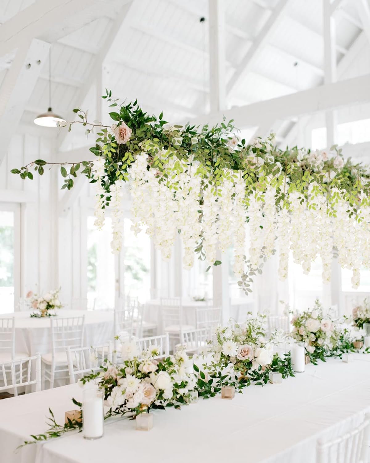 12Pack Wisteria Hanging Artificial Flowers 3.6ft Wisteria Silk Flowers Garland Fake Bushy Vine Faux Ratta String for Wedding Arch Party Garden Greenery Home Wall Backdrop Decor (Milk White) - Image 3