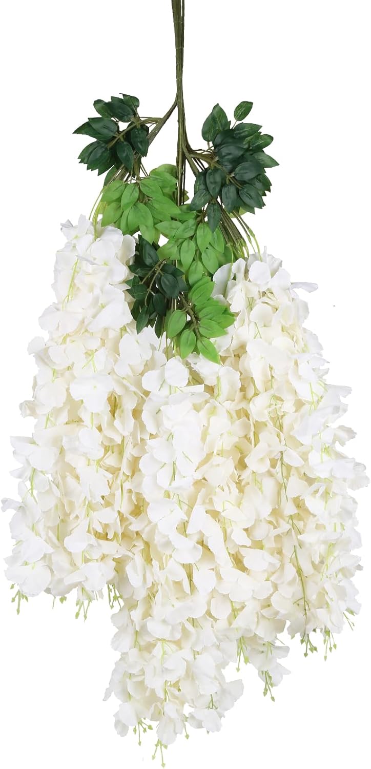 12Pack Wisteria Hanging Artificial Flowers 3.6ft Wisteria Silk Flowers Garland Fake Bushy Vine Faux Ratta String for Wedding Arch Party Garden Greenery Home Wall Backdrop Decor (Milk White) - Image 5