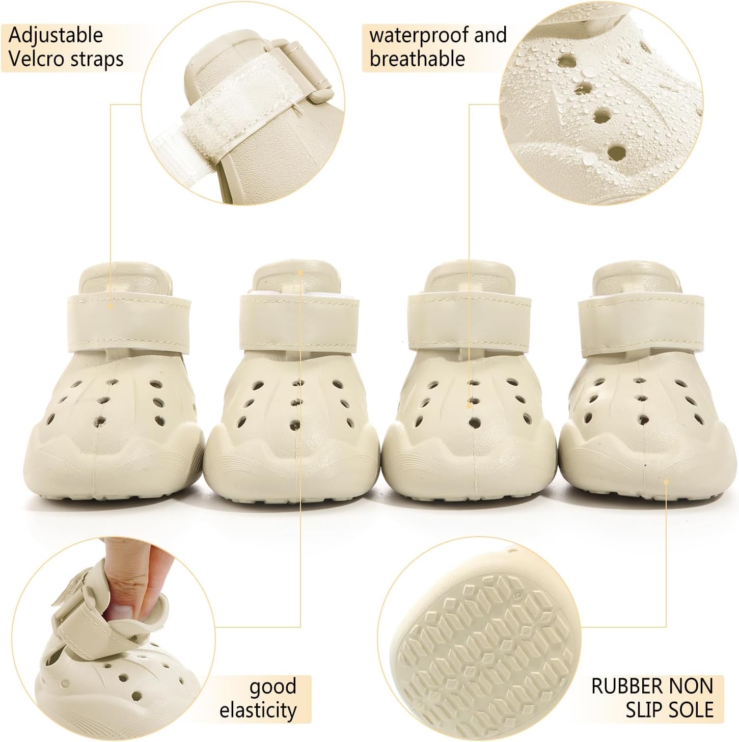 Dog Shoes, Dog Sandals for Hot Pavement, Non-Slip Waterproof Dog Booties for Winter Snowy Day and Summer, Adjustable Straps Easy-Clean Beach Outdoor Pet Boots Rugged Sole-4Pcs Beige - Image 3