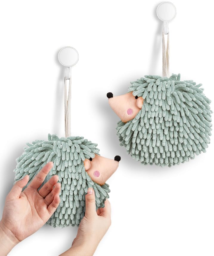 Fuzzy Ball Hand Towels (Set of 2) - Dry Your Hands conveniently with This Creative Hand Towel Hedgehog Decorative Towels for Bathroom (Pack of 2, Mint) - Image 1