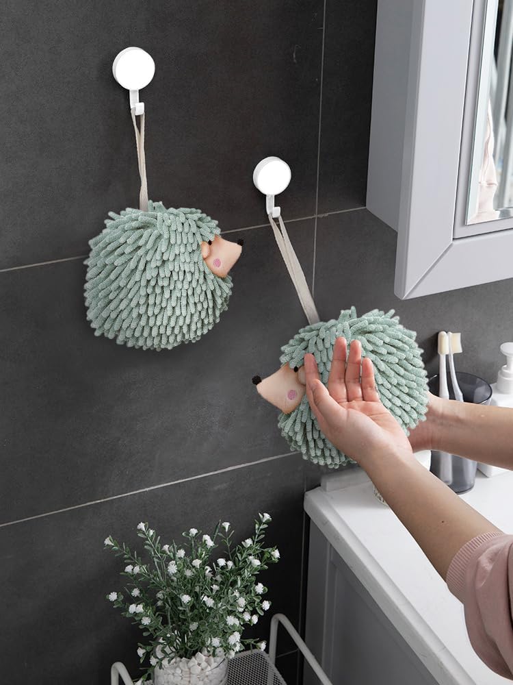 Fuzzy Ball Hand Towels (Set of 2) - Dry Your Hands conveniently with This Creative Hand Towel Hedgehog Decorative Towels for Bathroom (Pack of 2, Mint) - Image 2