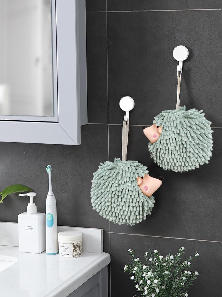 Fuzzy Ball Hand Towels (Set of 2) - Dry Your Hands conveniently with This Creative Hand Towel Hedgehog Decorative Towels for Bathroom (Pack of 2, Mint) - Image 3