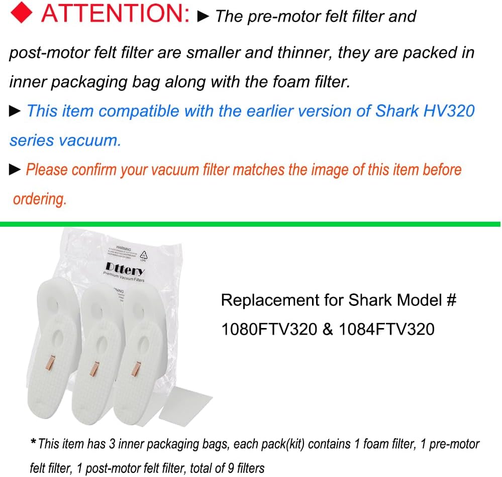 3 Pack Filters Kit for Shark Earlier Version of Rocket DeluxePro TruePet HV319Q HV320 HV321 HV322 HV324Q HV325 UV330 UV422, Replacement Part 1080FTV320 1084FTV320 - Image 3