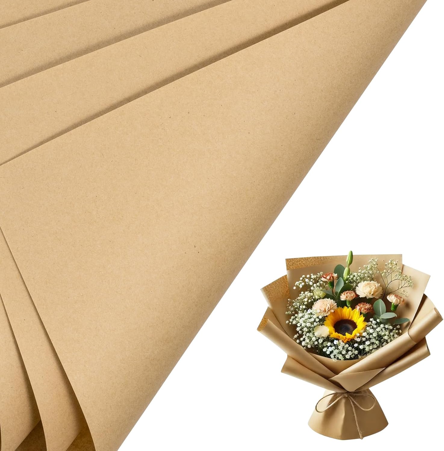 20 Sheets Kraft Flower Wrapping Paper - Reversible Floral Bouquet Paper - Kraft Solid Color Design for Valentines, Mothers Day, Christmas Party, Birthday, Wedding, Baby Shower - Image 1