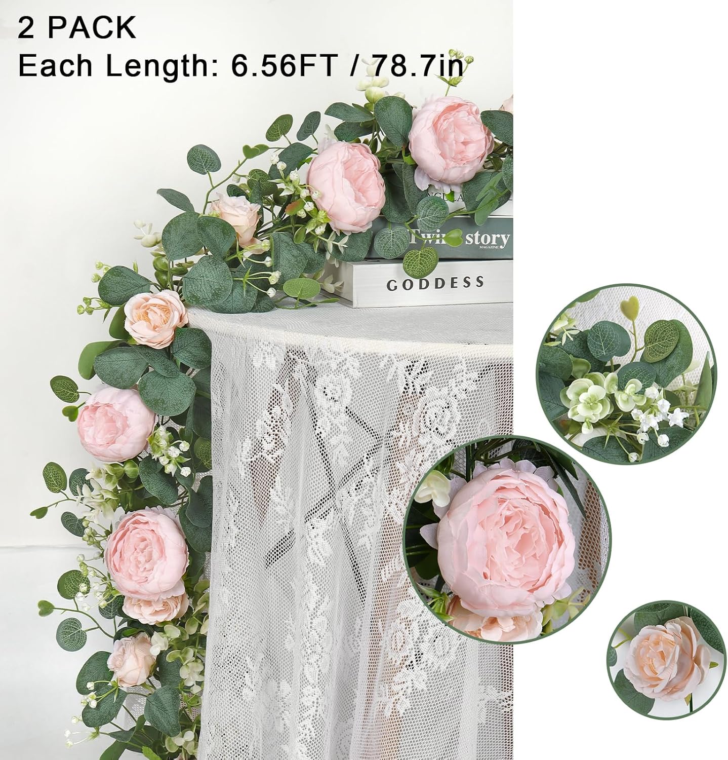 2 Pack 13FT Flower Garland, Artificial Rose Vine Fake Flower Garland Silk Rose Peony Hanging Vine Faux Floral Garlands for Wedding Party Arch Table Wall Backdrop Decoration (Light Pink, 2PCS) - Image 4