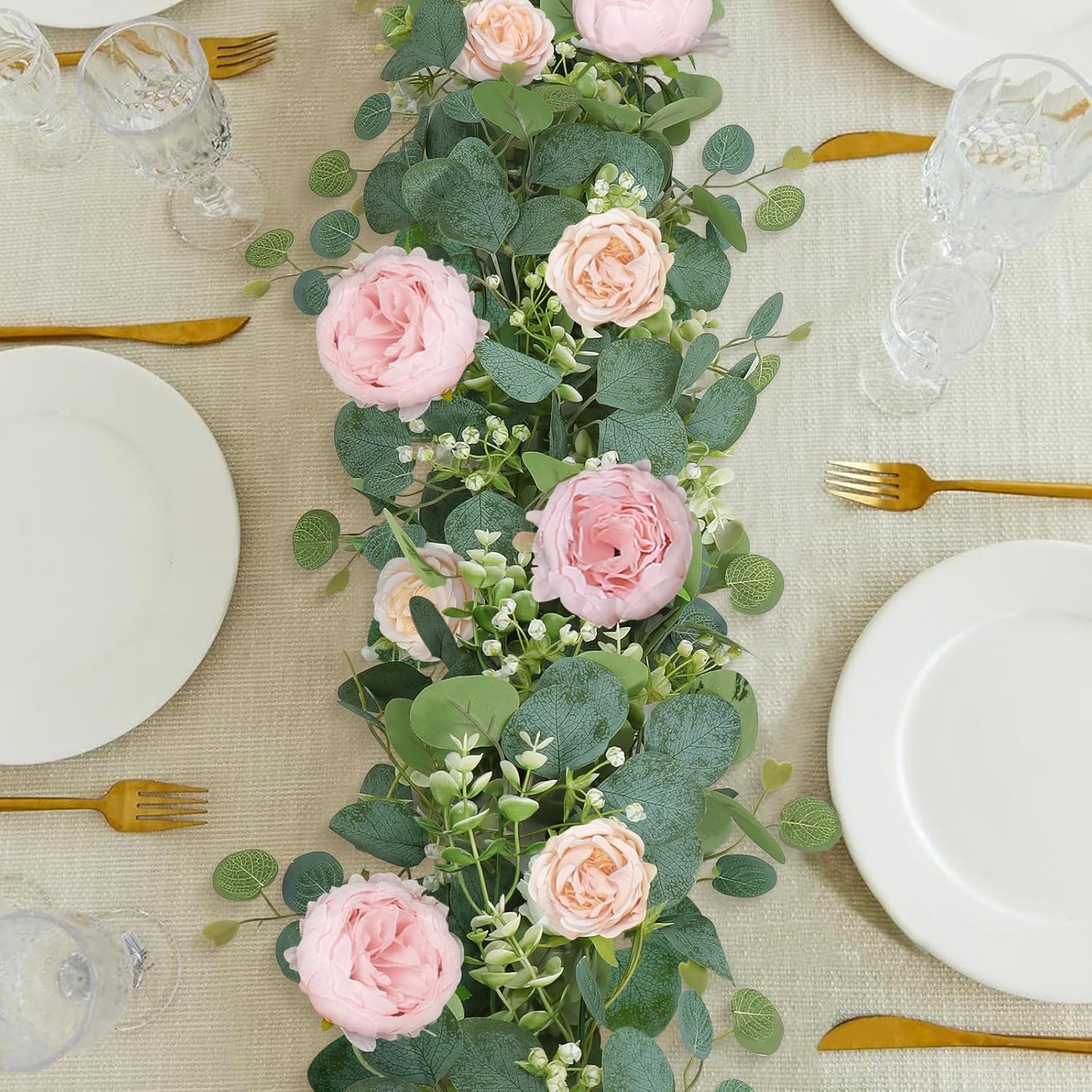2 Pack 13FT Flower Garland, Artificial Rose Vine Fake Flower Garland Silk Rose Peony Hanging Vine Faux Floral Garlands for Wedding Party Arch Table Wall Backdrop Decoration (Light Pink, 2PCS) - Image 6