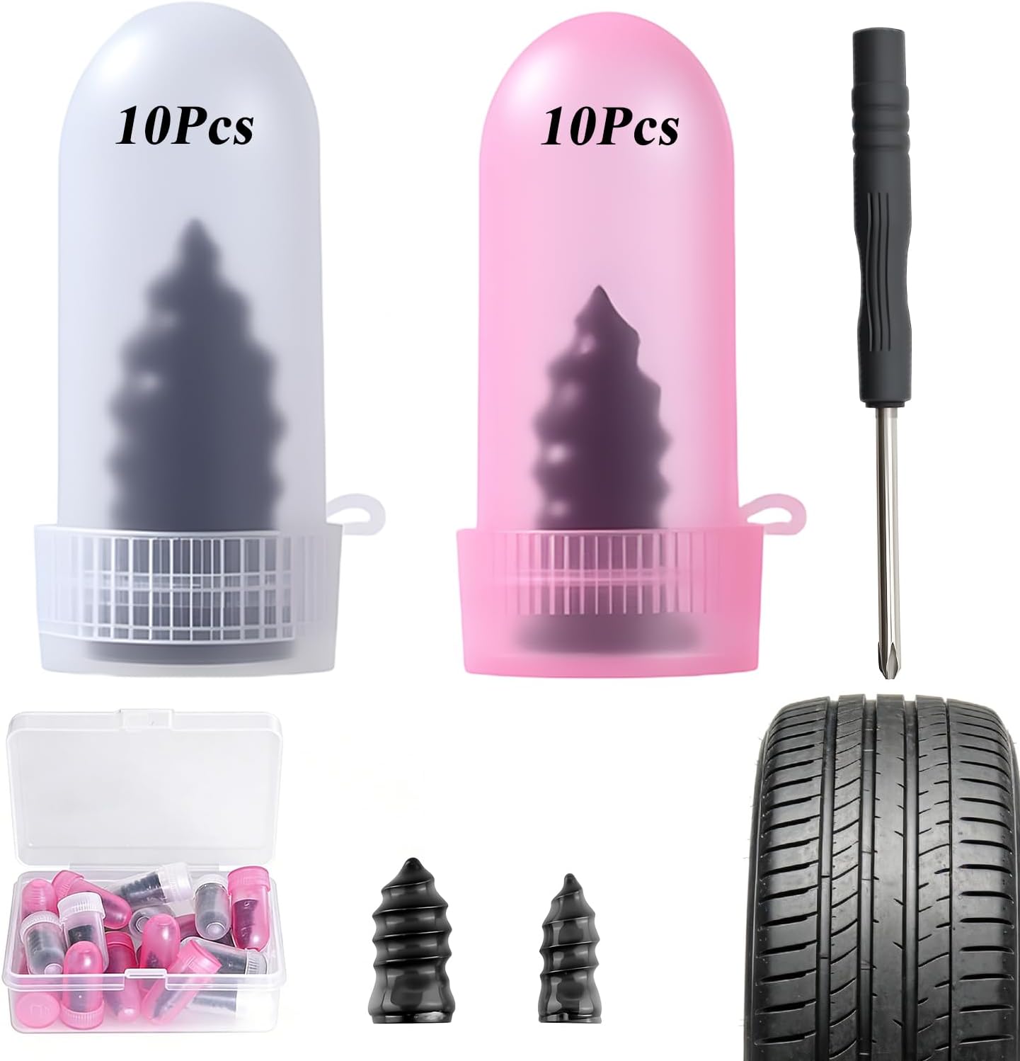 Tire Repair Rubber Nail Kit, Premium Spiral Screw-in Tire Plugs with 2 Sizes, Emergency Roadside Flat Tire Fix Tool for Car Truck Motorcycle Tractor ATV SUV - Fast Self Service Repair 20 PCS - Image 1
