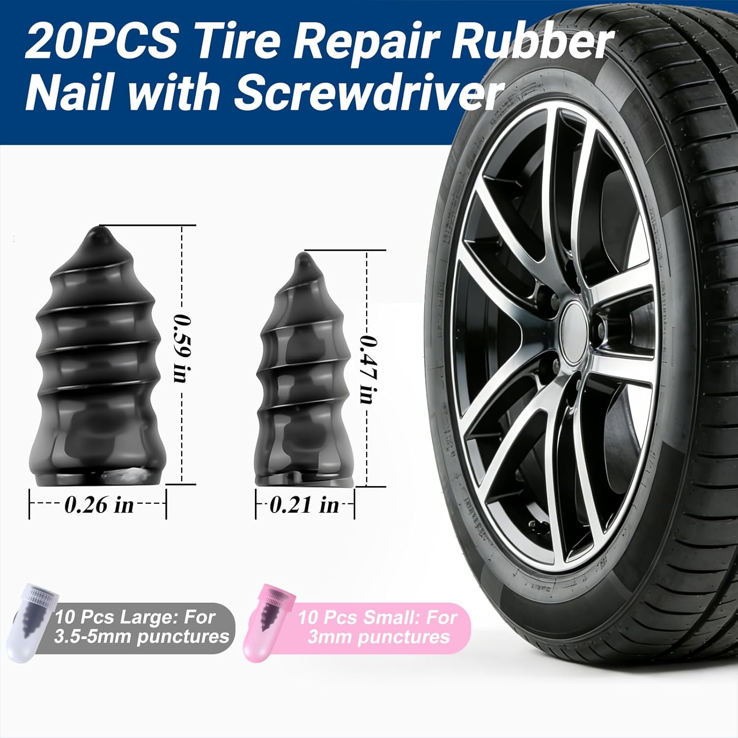 Tire Repair Rubber Nail Kit, Premium Spiral Screw-in Tire Plugs with 2 Sizes, Emergency Roadside Flat Tire Fix Tool for Car Truck Motorcycle Tractor ATV SUV - Fast Self Service Repair 20 PCS - Image 2