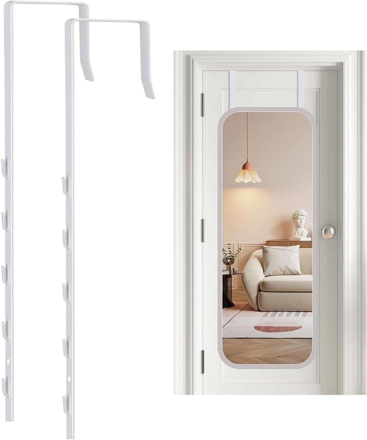 Over-The-Door Mirror Hanger, Adjustable 13.6 in Door Mirrors Hanger with Protective Lining, Prevent Scratches, 2 Pcs Mirrors Brackets Perfect Height and Fit (Mirror Not Included) - White - Image 1