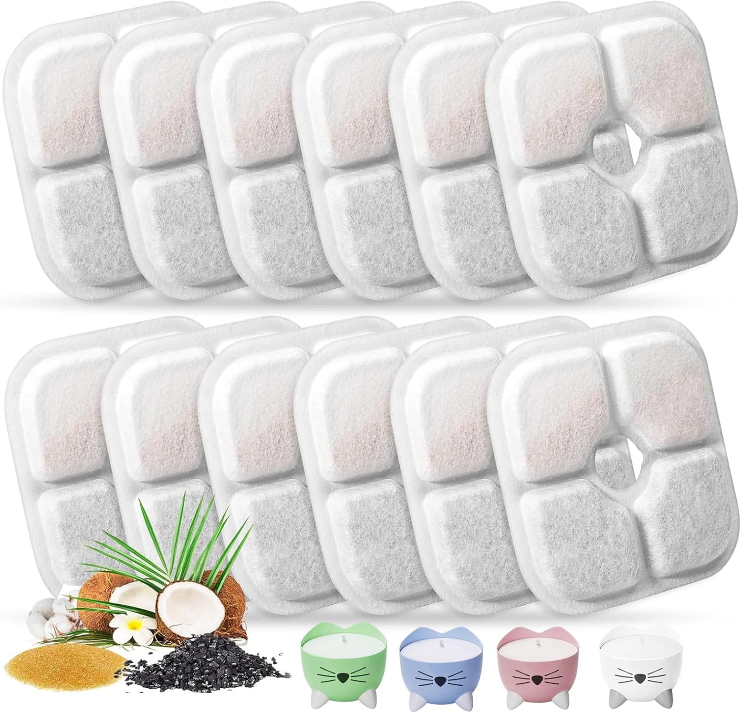 Cat Water Fountain Replacement Filters Fit for 2.5L Fountain with Whiskers Pattern Triple Action Water Pet Cat Drinking Fountain Filter Pack of 12 - Image 1