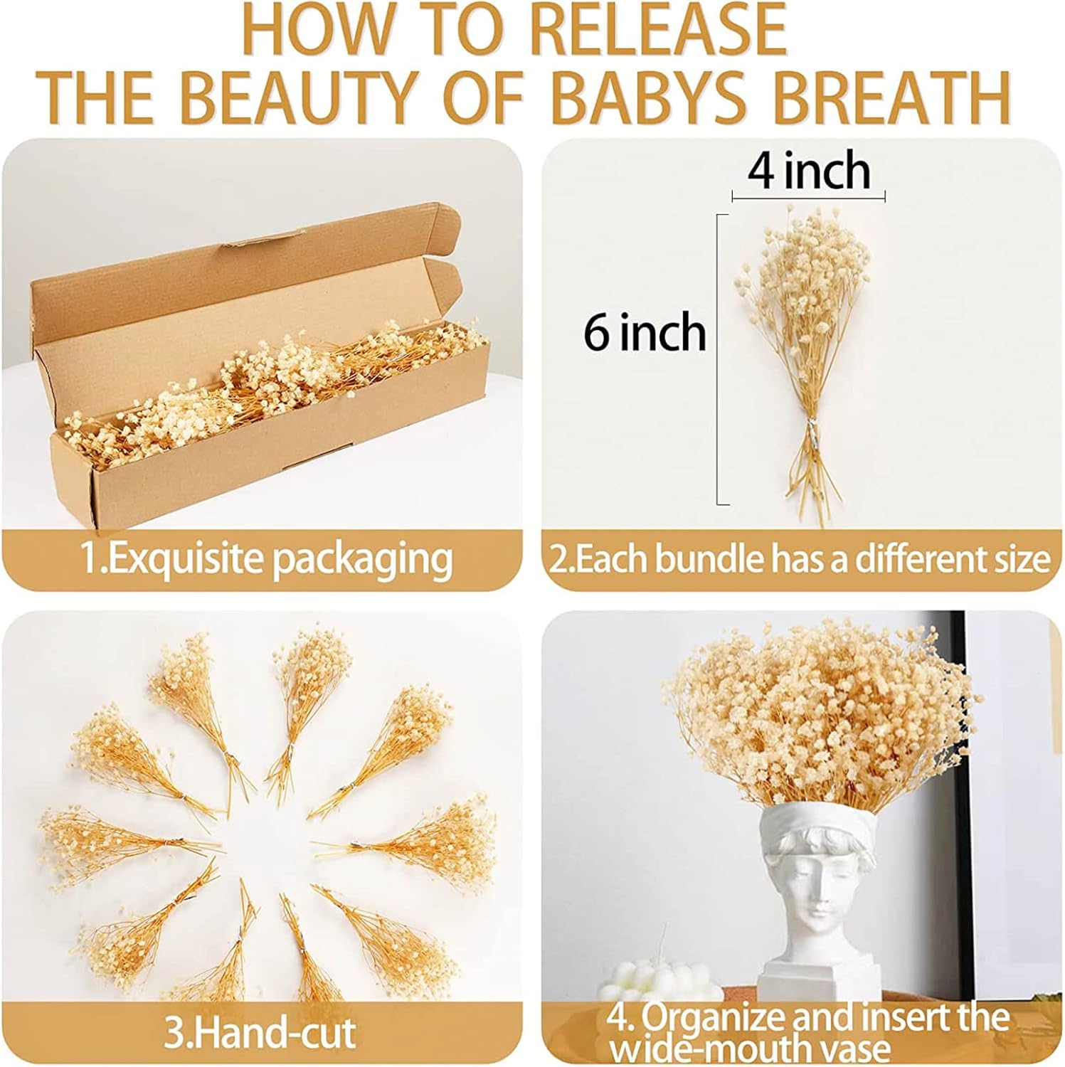50Pcs Mini Dried Baby's Breath Flowers, 6'' Natural Ivory White Flowers for Resin Art Craft DIY, 3000+ Pressed Gypsophila Bouquet Present for Valentine's Day, Wedding Wreath, Card Making, Home Decor - Image 6