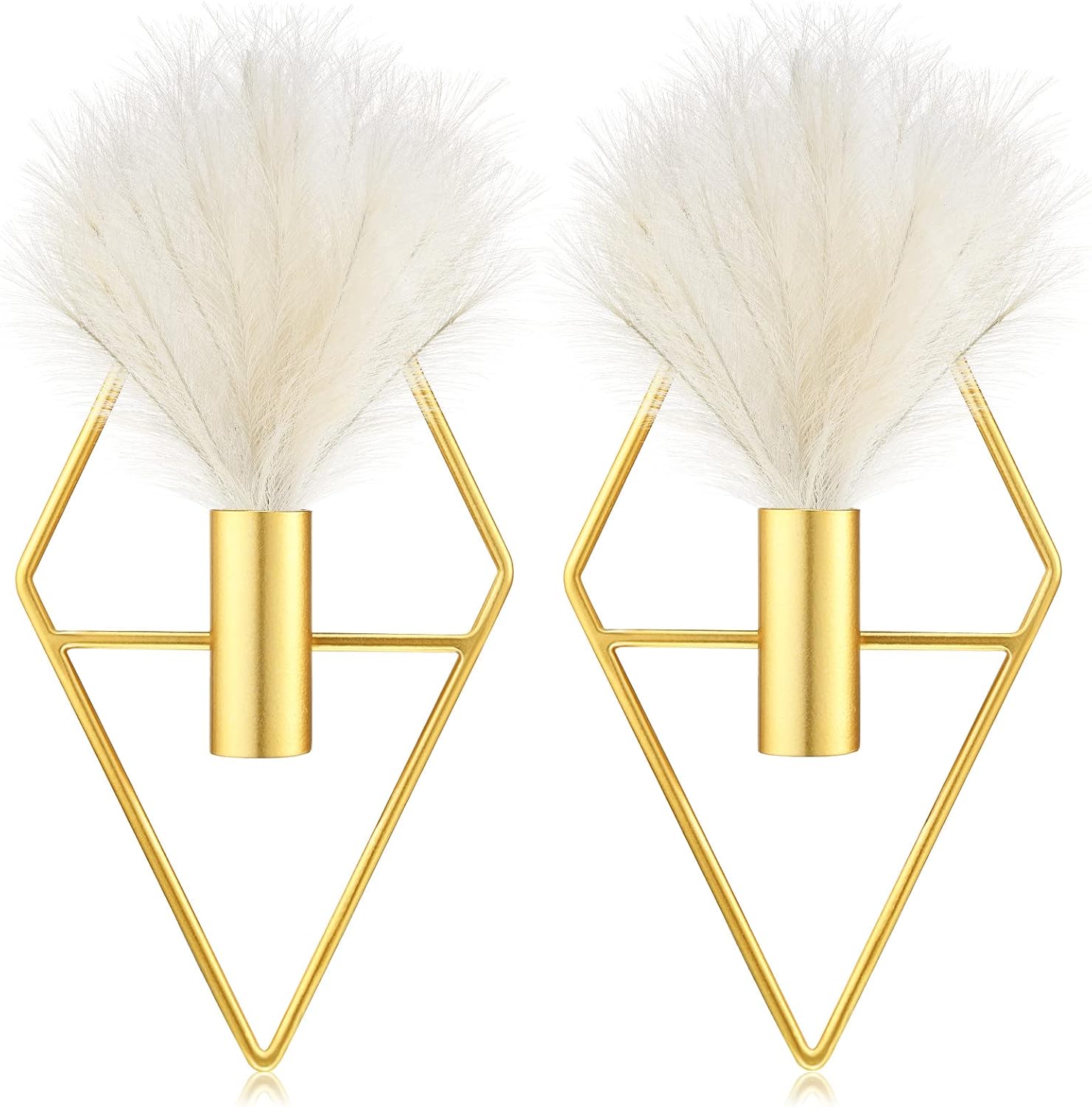 2 Pcs Boho Wall Decor Metal Gold Wall Art Hanging Planters with Artificial Pampas Modern Home Decor Display Art for Living Room Bedroom Bathroom(Rhombus) - Image 1