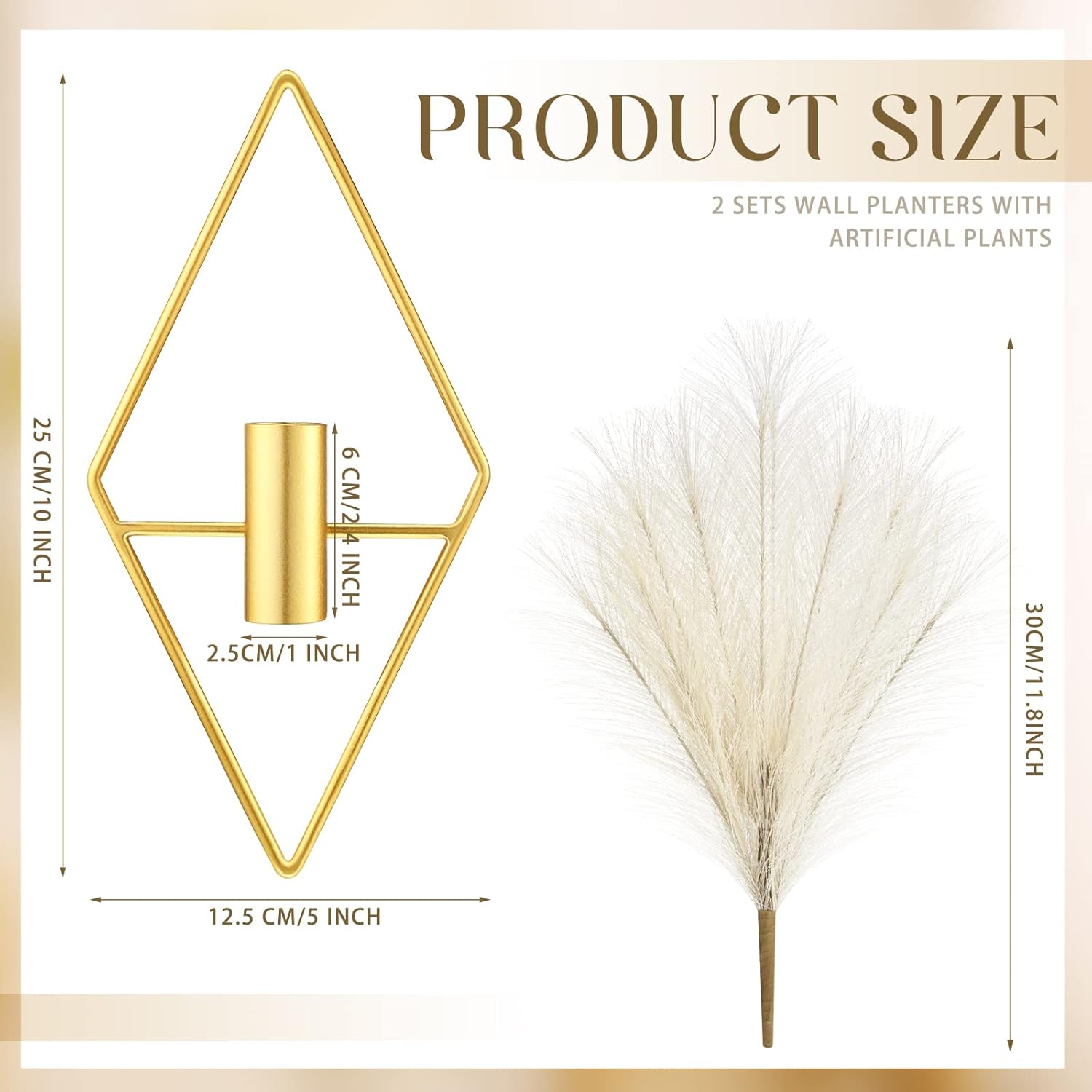 2 Pcs Boho Wall Decor Metal Gold Wall Art Hanging Planters with Artificial Pampas Modern Home Decor Display Art for Living Room Bedroom Bathroom(Rhombus) - Image 2