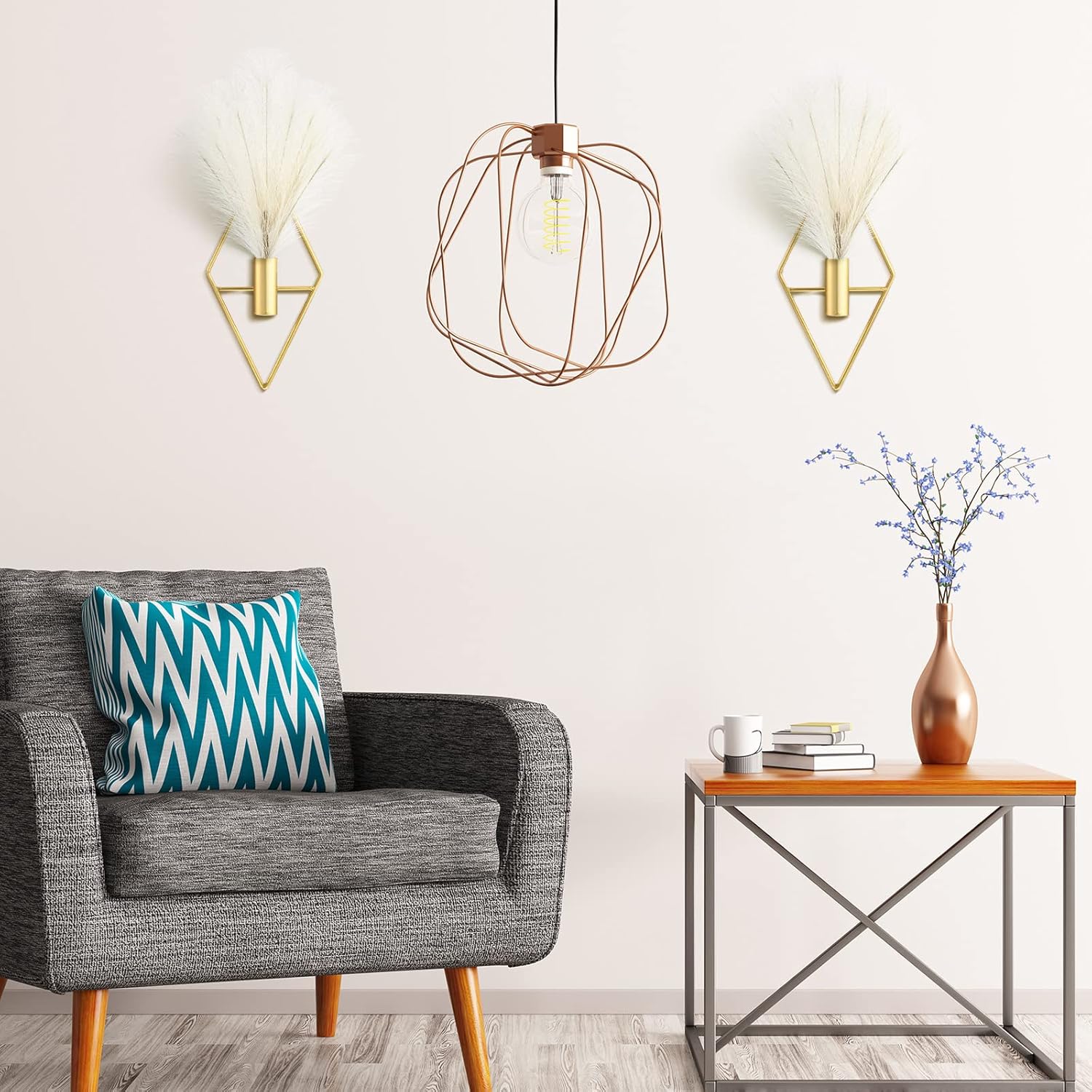 2 Pcs Boho Wall Decor Metal Gold Wall Art Hanging Planters with Artificial Pampas Modern Home Decor Display Art for Living Room Bedroom Bathroom(Rhombus) - Image 4