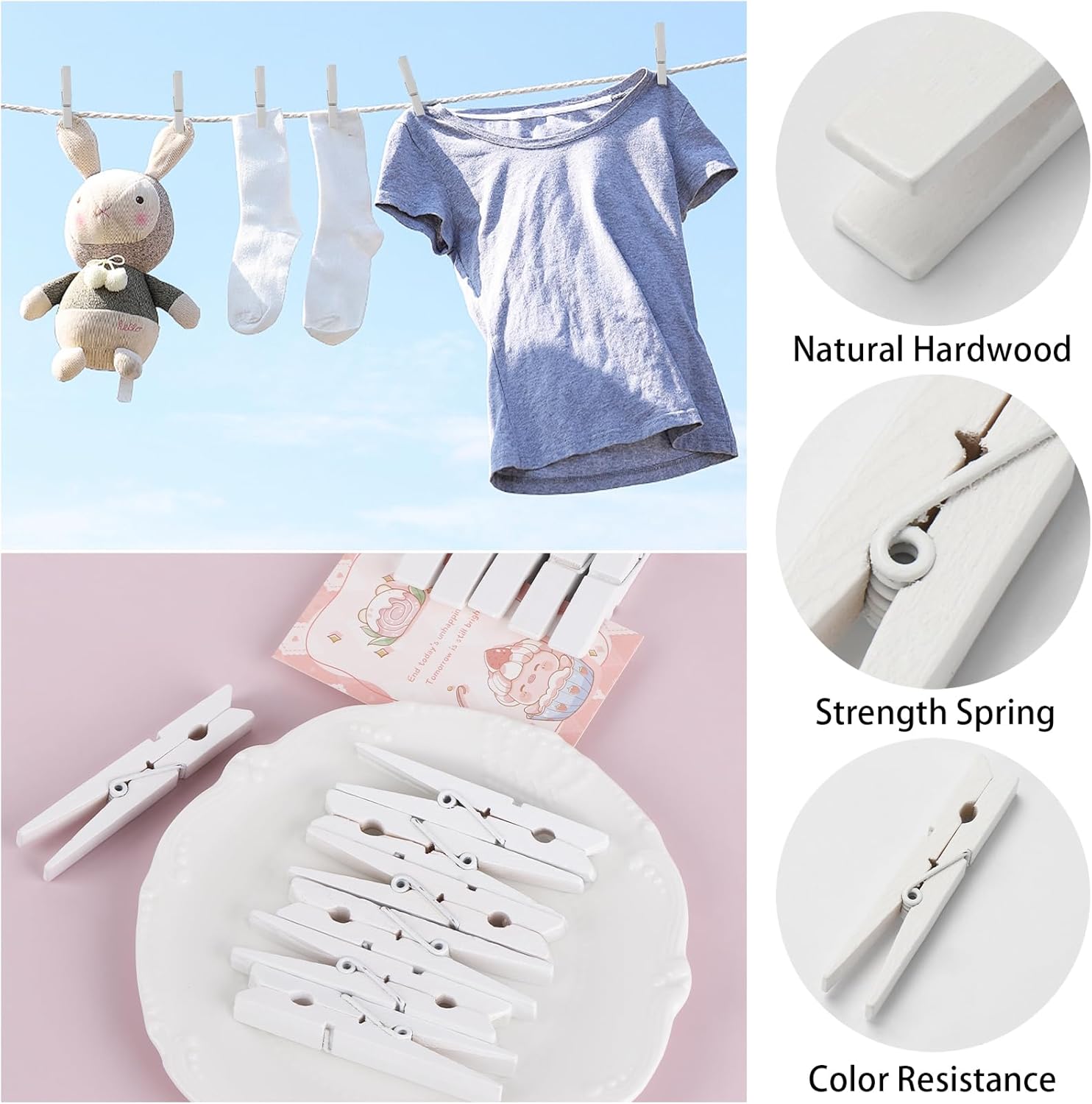 50Pcs White Wooden Clothespins, 2.9 inch Clothes Pins for Crafts, Natural Laundry Hanging Clips, DIY Cheer Pin - Image 3