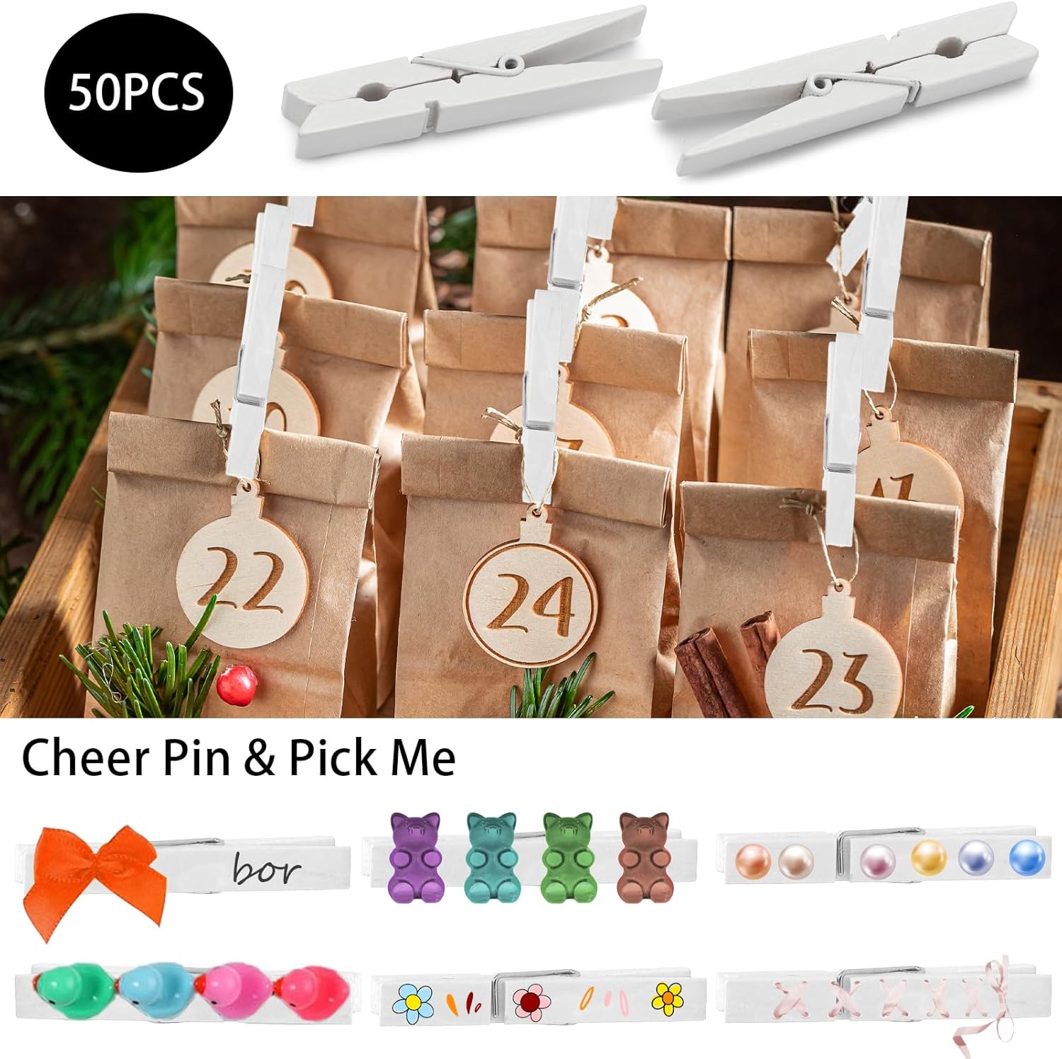 50Pcs White Wooden Clothespins, 2.9 inch Clothes Pins for Crafts, Natural Laundry Hanging Clips, DIY Cheer Pin - Image 4