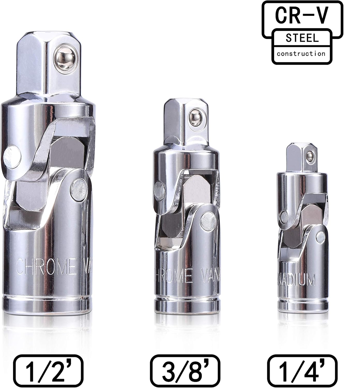 3PCS Universal Joint Socket Set, Chrome Vanadium Steel Swivel Socket Adapter Set, 1/4IN, 3/8IN, 1/2IN Drive Universal Joint Set - Image 2